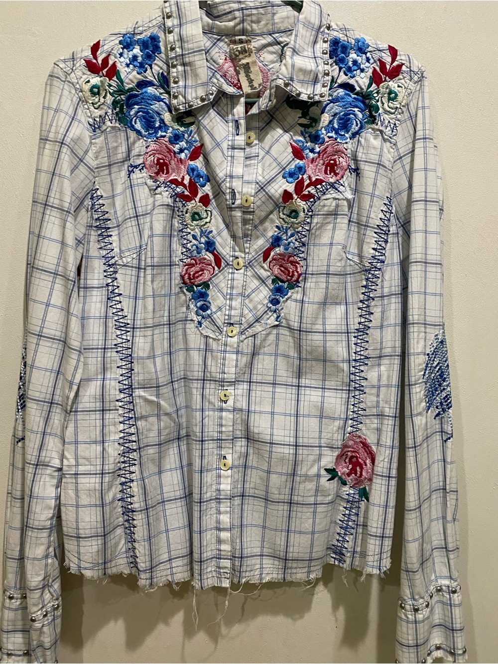 Johnny Was Rodeo Rose Bucking Bronco Western Floral Embroidered Cotton Shirt S